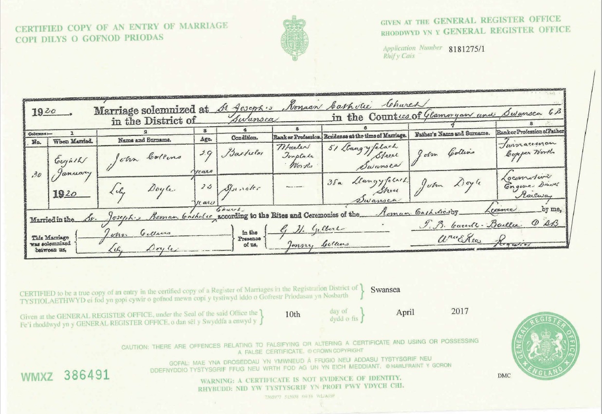 Marriage certificate of Jack Collins and Lily Doyle, 1920